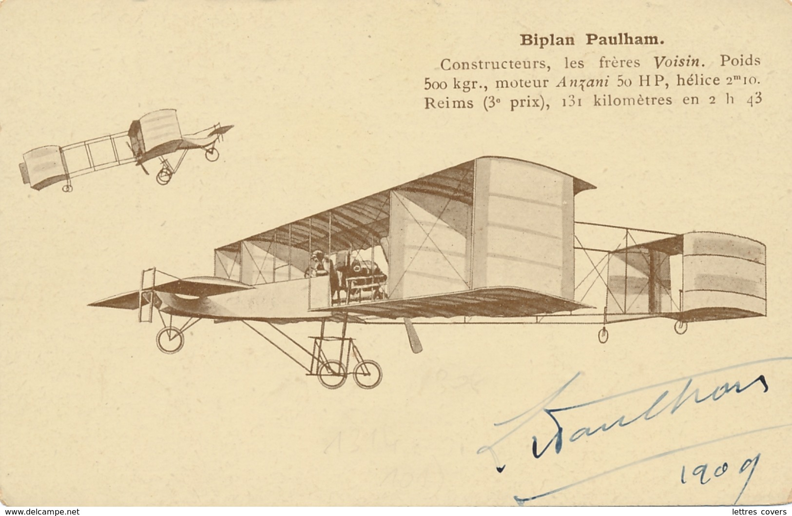 PAULHAN- Signature AUTOGRAPHE Sur  CP Sépia " Biplan "Paulham" Constructeur Les Frères Voisin " Pionnier Aviateur - ....-1914: Précurseurs