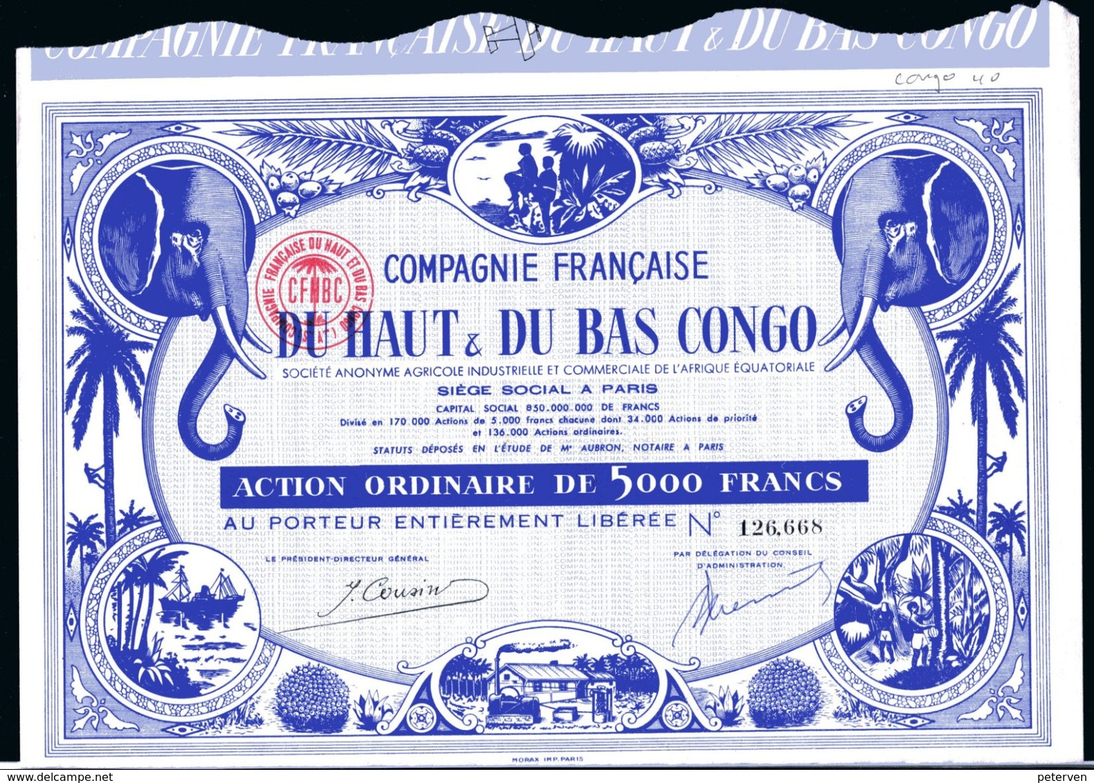 Compagnie Francaise Du HAUT & Du BAS CONGO; Action Ordinaire De 5000 Francs - Africa