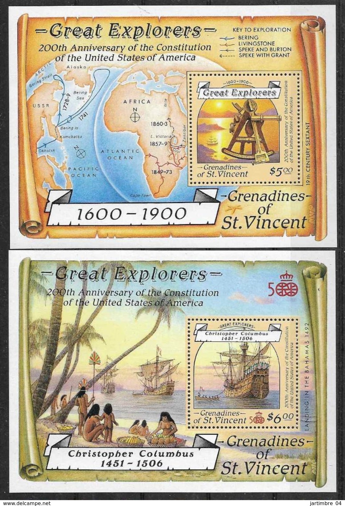 1988 SAINT-VINCENT GRENADINES  BF 23-23A  ** Navigateurs , Carte, Bateaux, Santa Maria - St.Vincent & Grenadines