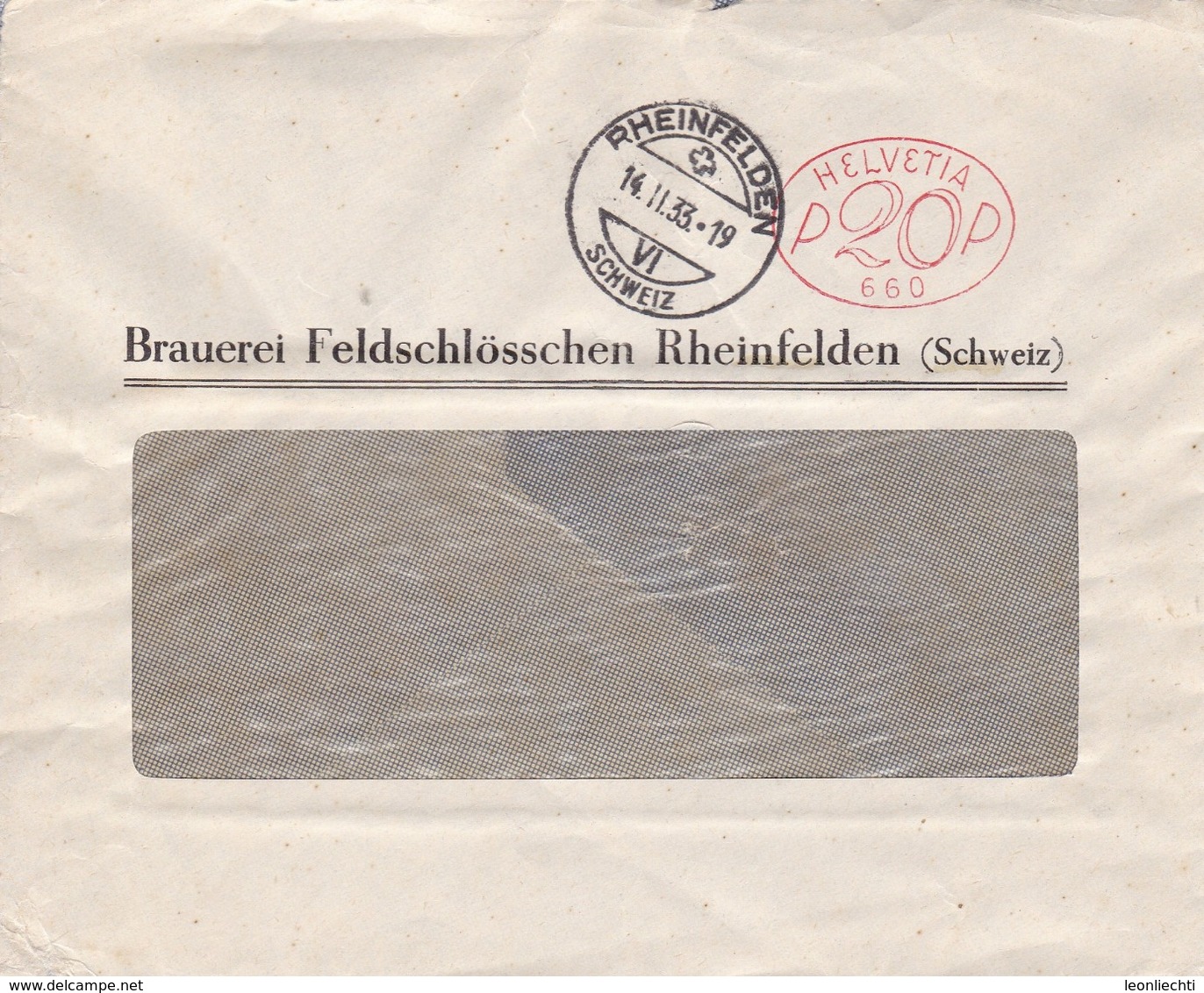 Brief ( Helvetia P20P 660)  Rheinfelden. Brauerei Feldschlösschen Rheinfelden ( Schweiz ) - Affranchissements Mécaniques