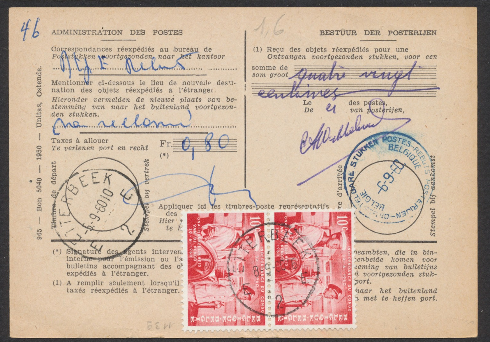 N°1139 Sur Bulletin De Poste Obl SC "Etterbeek" (1960) + Griffe Et Cachet Bleu "Postes-Rebuts Belgique". - Dépliants De La Poste