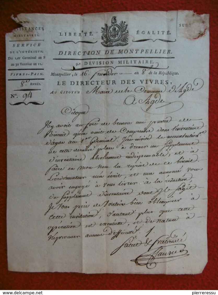 LETTRE AN 8 MARQUE MONTPELLIER A AGDE DU FORT BRESCOU LE DIRECTEUR DES VIVRES - 1792-1815: Départements Conquis