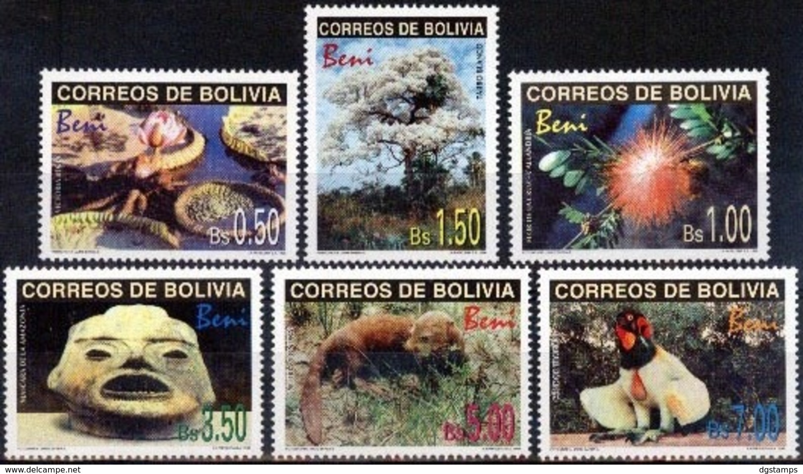 Bolivia 1996 ** CEFIBOL 1646-51. BENI: Ecología-Turismo. Flora, Fauna Y Arqueología: Máscara, Nutria, Cóndor, V. Regia + - Bolivia