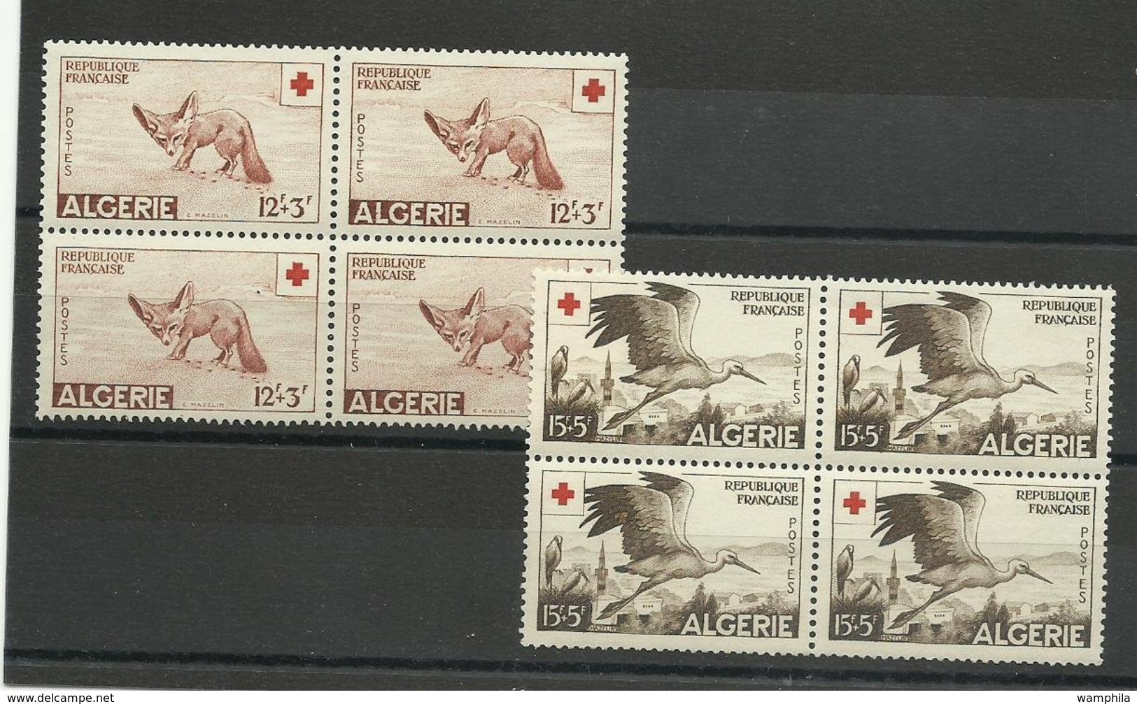 Algérie, Croix-rouge N° 343/ 344 Neufs ** MNH Blocs De 4,  Cote YT 81€ 60 Fennec  & Cigogne - Unused Stamps