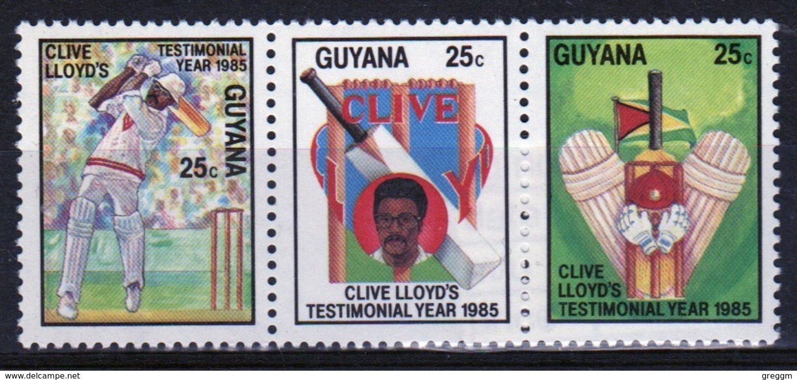 Guyana 1985 Strip Of Three 25c Stamps From The Cricket Clive Lloyds Testimonial Year. - Guyana (1966-...)