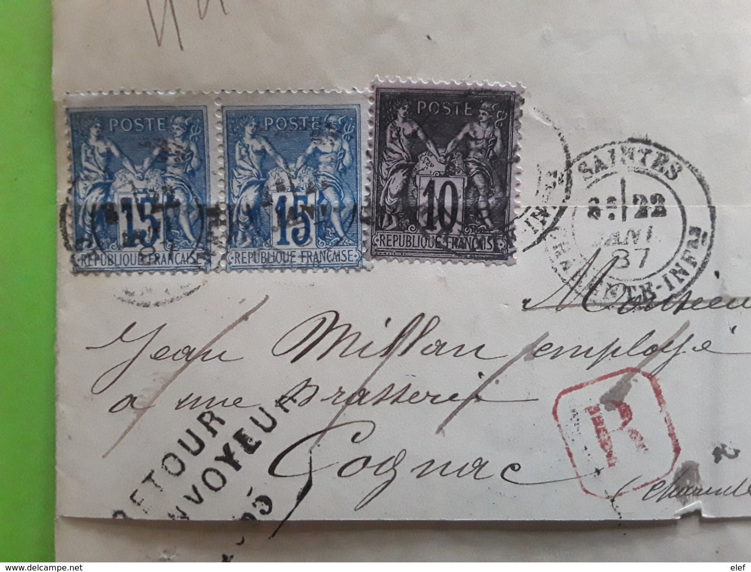 Lettre Recommandée Greffe Tribunal SAINTES Charente Maritime,PAIRE SAGE No 101 + 10 C Noir RETOUR A L'ENVOYEUR > Cognac - 1849-1876: Classic Period