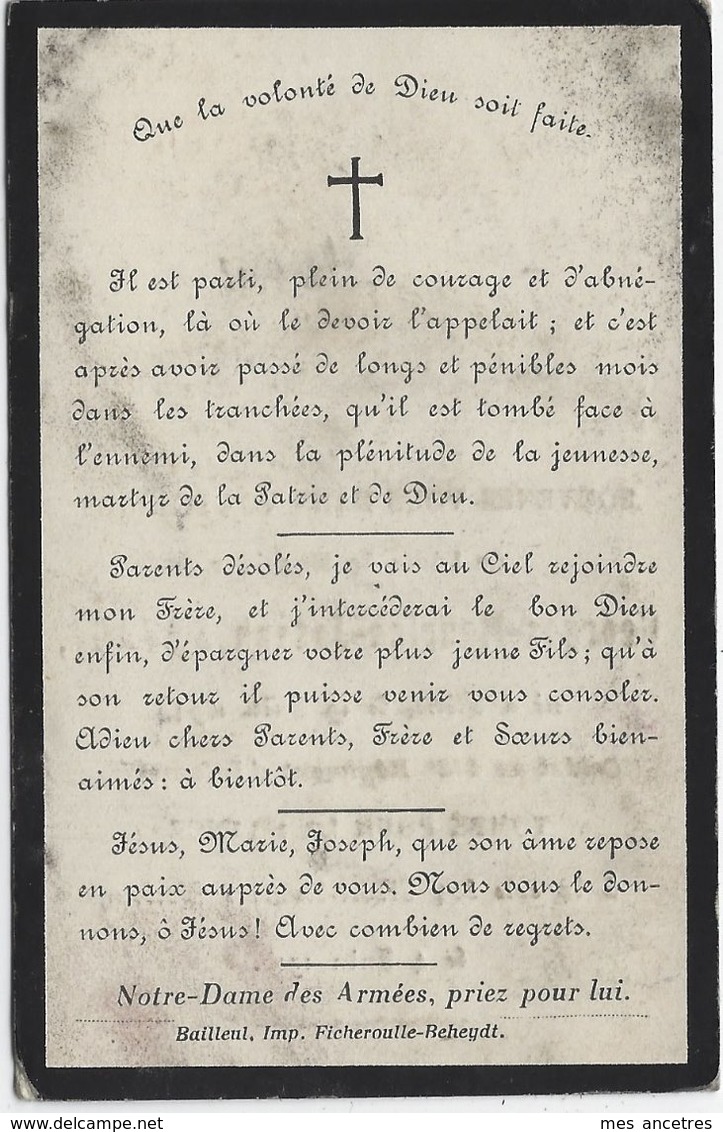 Guerre 1914-mort  Pour La France En 1916 Né Flètre (59)  Et  Mort Verdun Cote 304-Georges SAVAGE 412e R - Décès