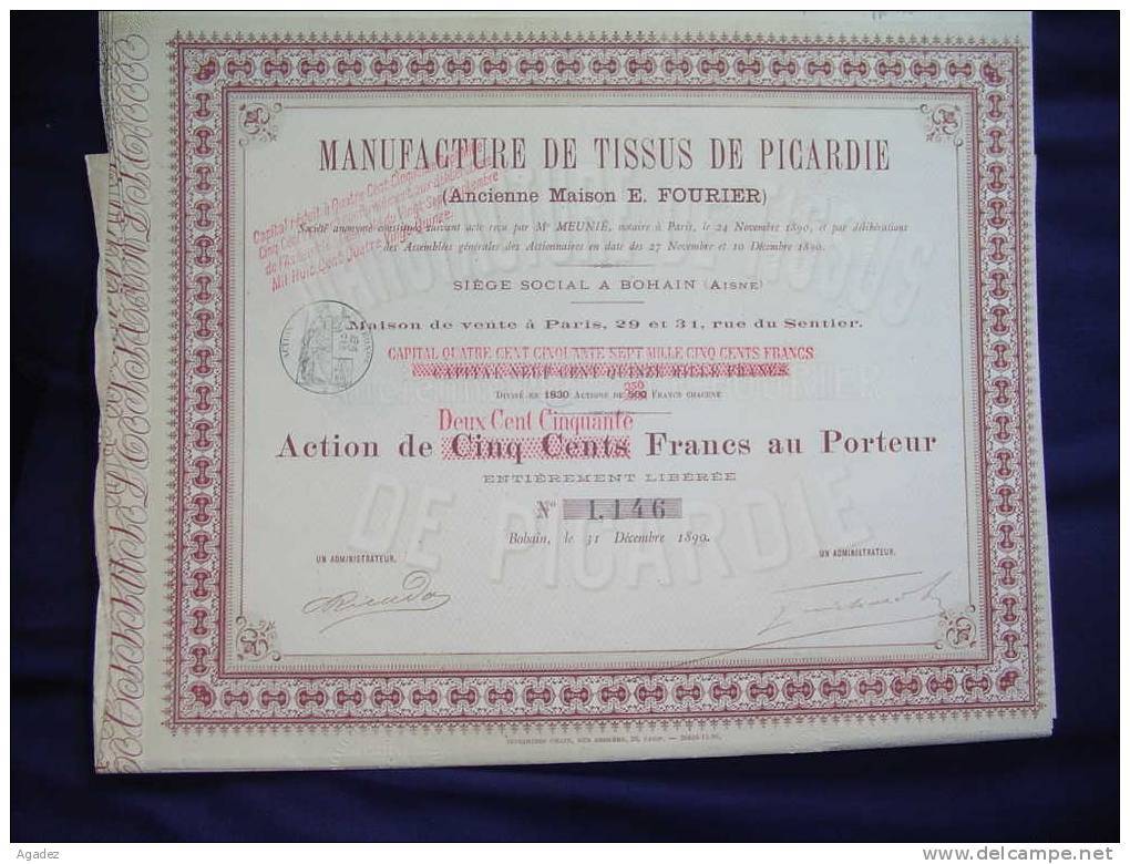 Action"Manufacture De Tissus De Picardie"Bohain (Aisne) 1890.Textile - Textiel