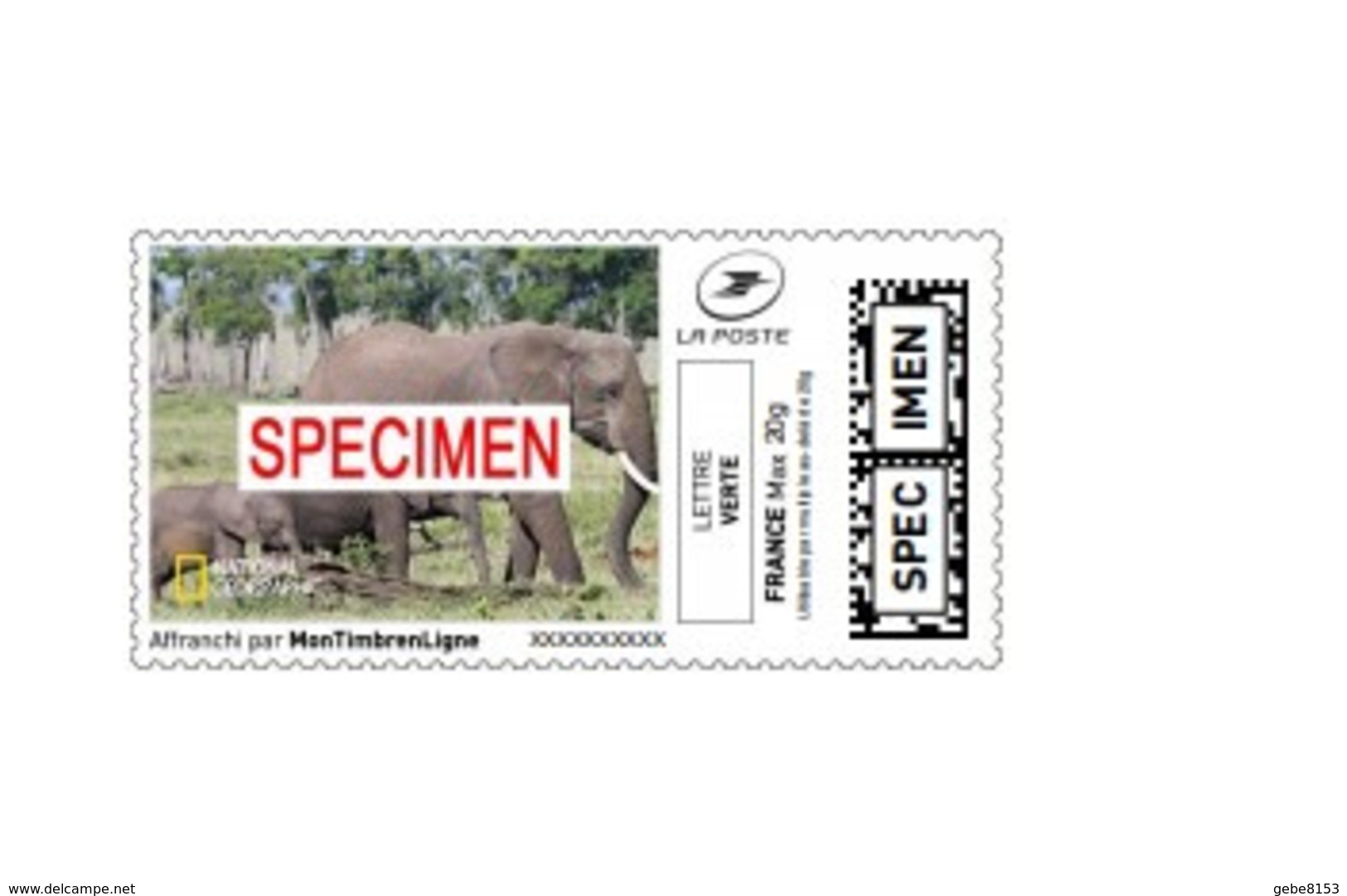 Montimbrenligne SPECIMEN Lettre Verte 20 Gr "éléphant" National Géographic - Elefanti