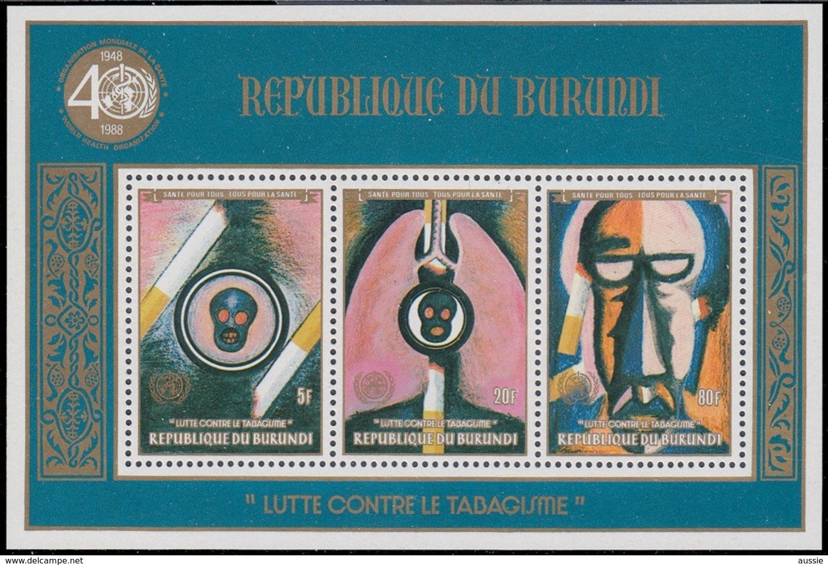 Burundi 1990 OCBn° Bloc 125 *** MNH Cote 40 Euro Anti Tabak Tabagisme - Ongebruikt