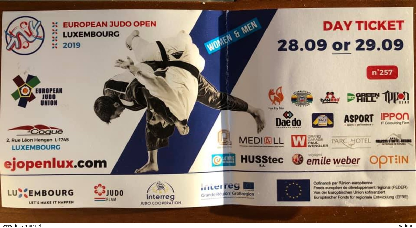 Billet D'entrée JUDO Au Open Europeen Au Luxembourg 2019 - Sports De Combat