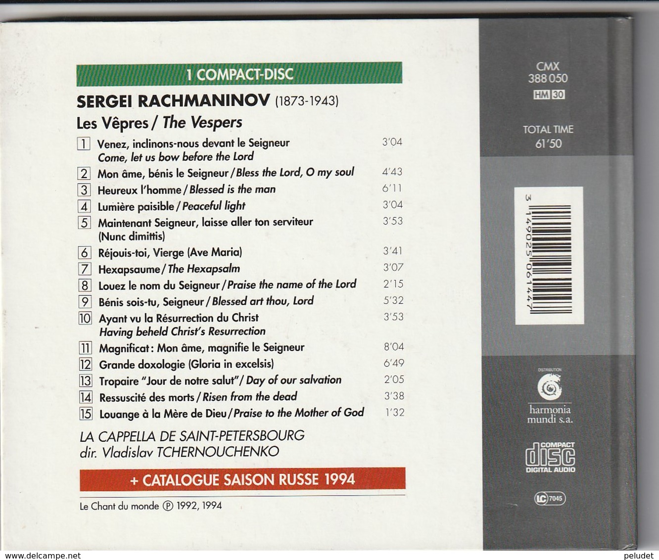 CD - RACHMANINOV - LES VEPRES / THE VESPERS - CAPPELLA DE SAINT-PETERSBOURG - Klassik