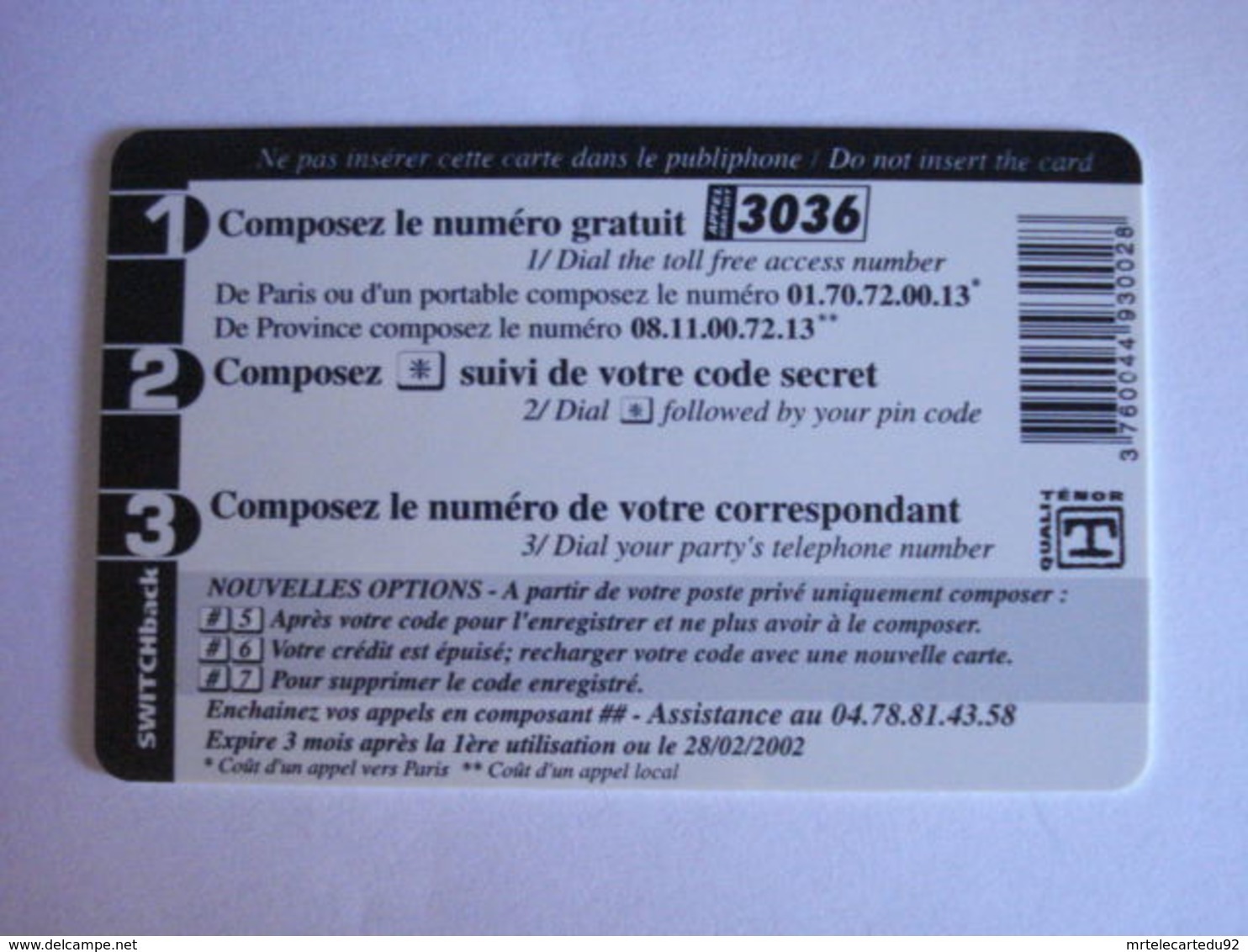 Carte Téléphonique Prépayée SWITCHback (carte D'essai Sans Code). Petit Prix De Départ ! - Per Cellulari (ricariche)