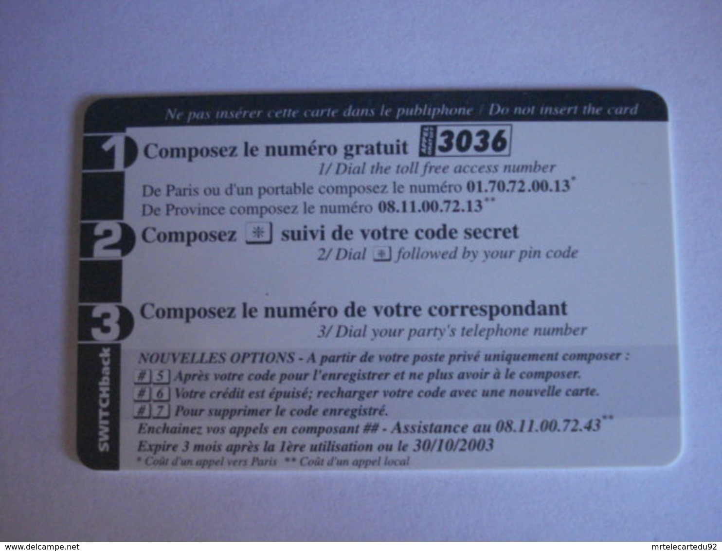 Carte Téléphonique Prépayée SWITCHback (carte D'essai Sans Code). Petit Prix De Départ ! - Cellphone Cards (refills)