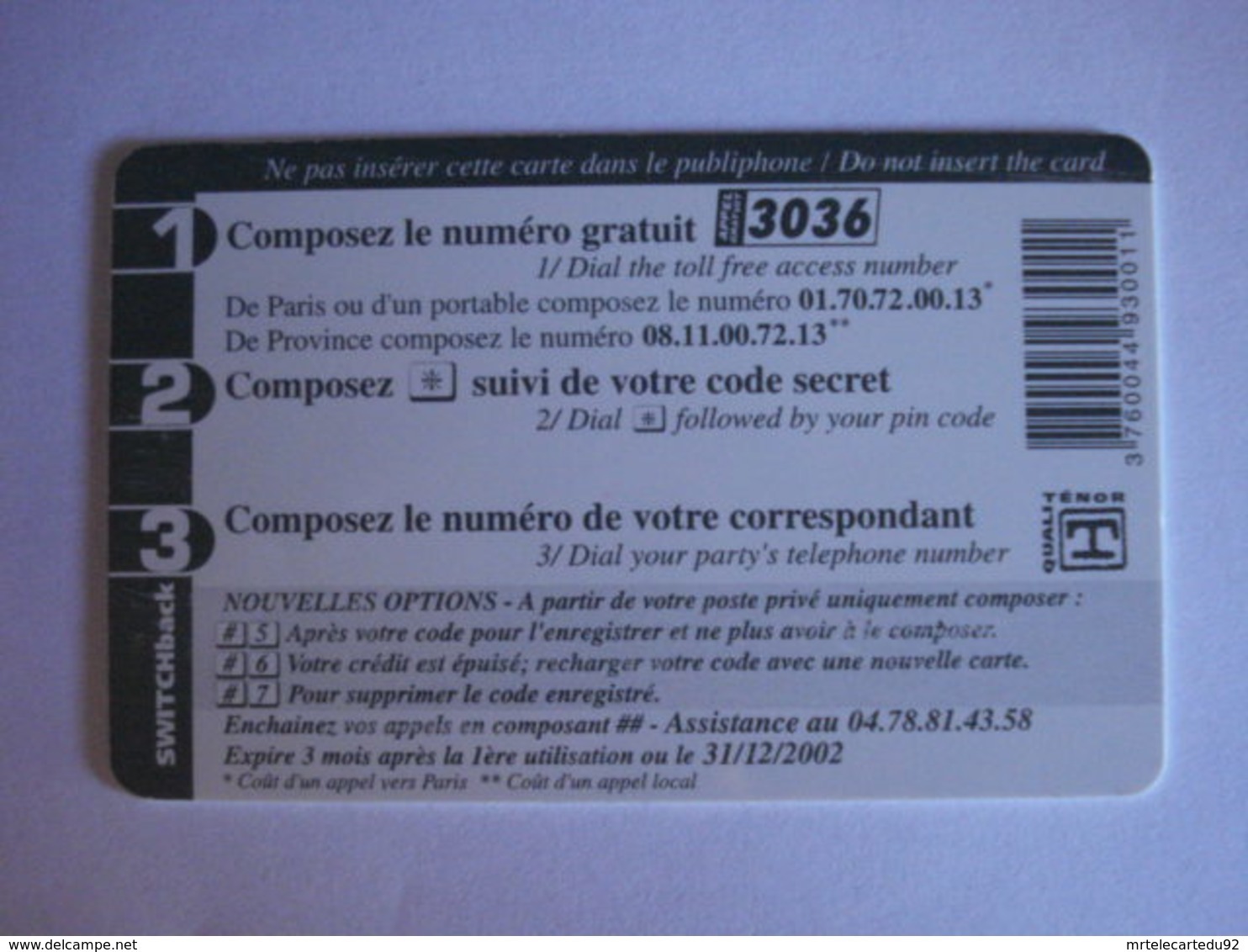 Carte Téléphonique Prépayée SWITCHback (carte D'essai Sans Code). Petit Prix De Départ ! - Cellphone Cards (refills)