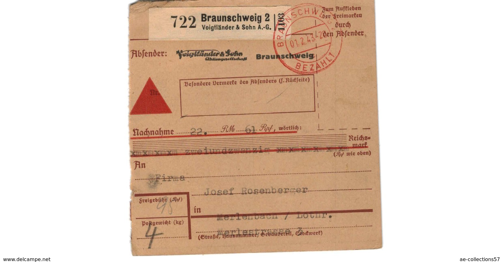 Allemagne  -  Colis Postal  - De Braunschweig 2 -  01/2/1943 - Lettres & Documents