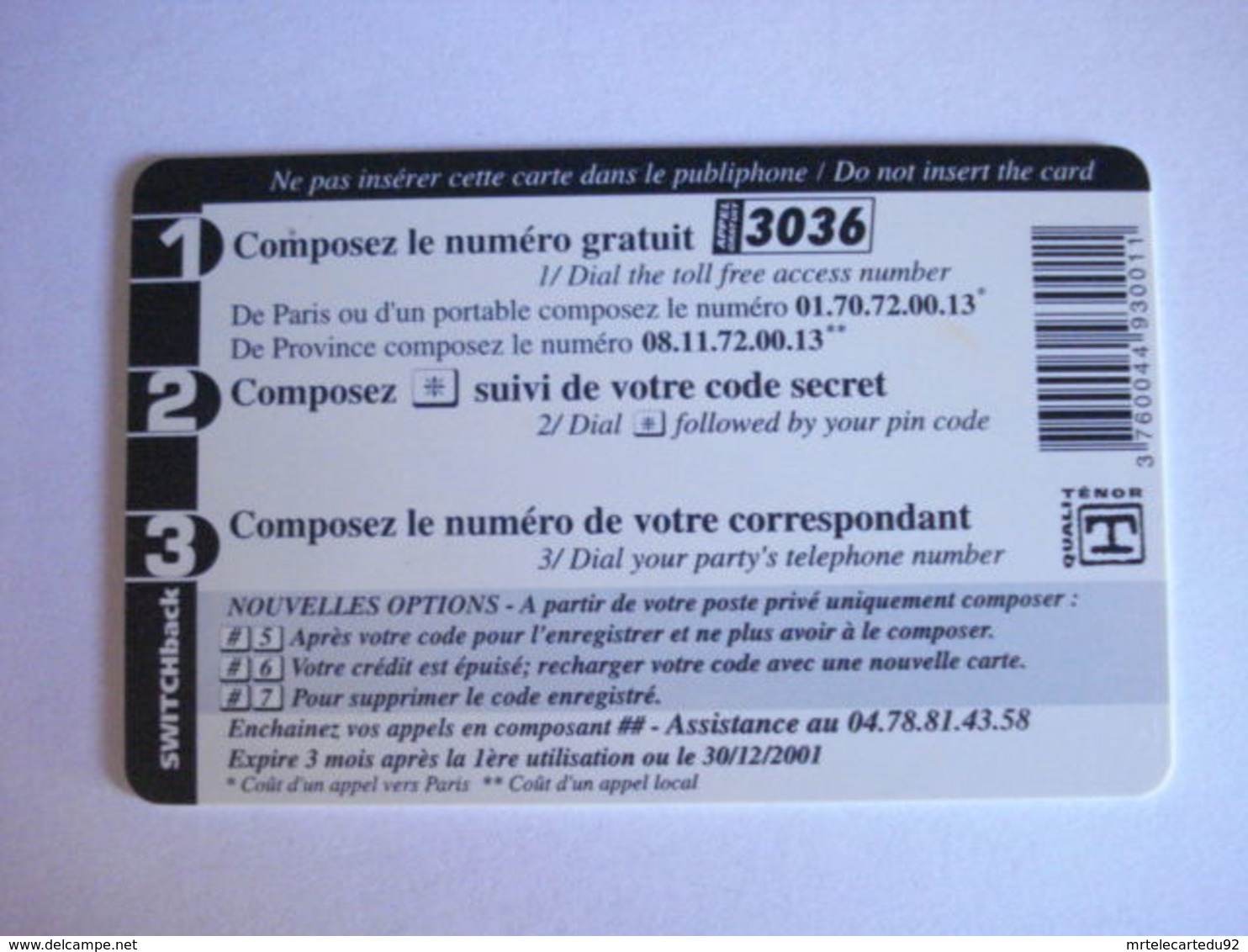 Carte Téléphonique Prépayée SWITCHback (carte D'essai Sans Code). Petit Prix De Départ ! - Per Cellulari (ricariche)