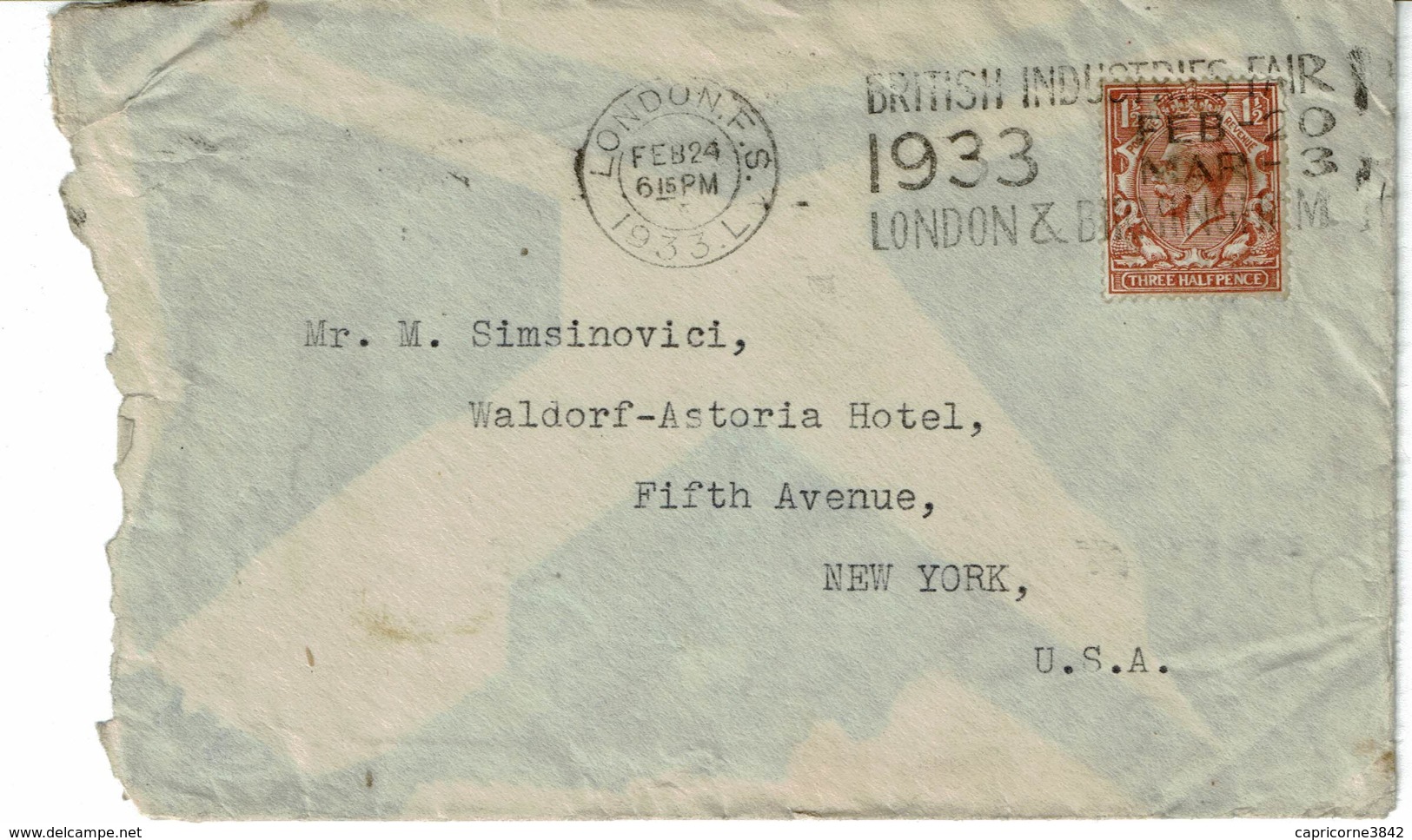 1933 - Lettre De Londres Pour New York - Tp Georges V N° 141 - Marcofilia