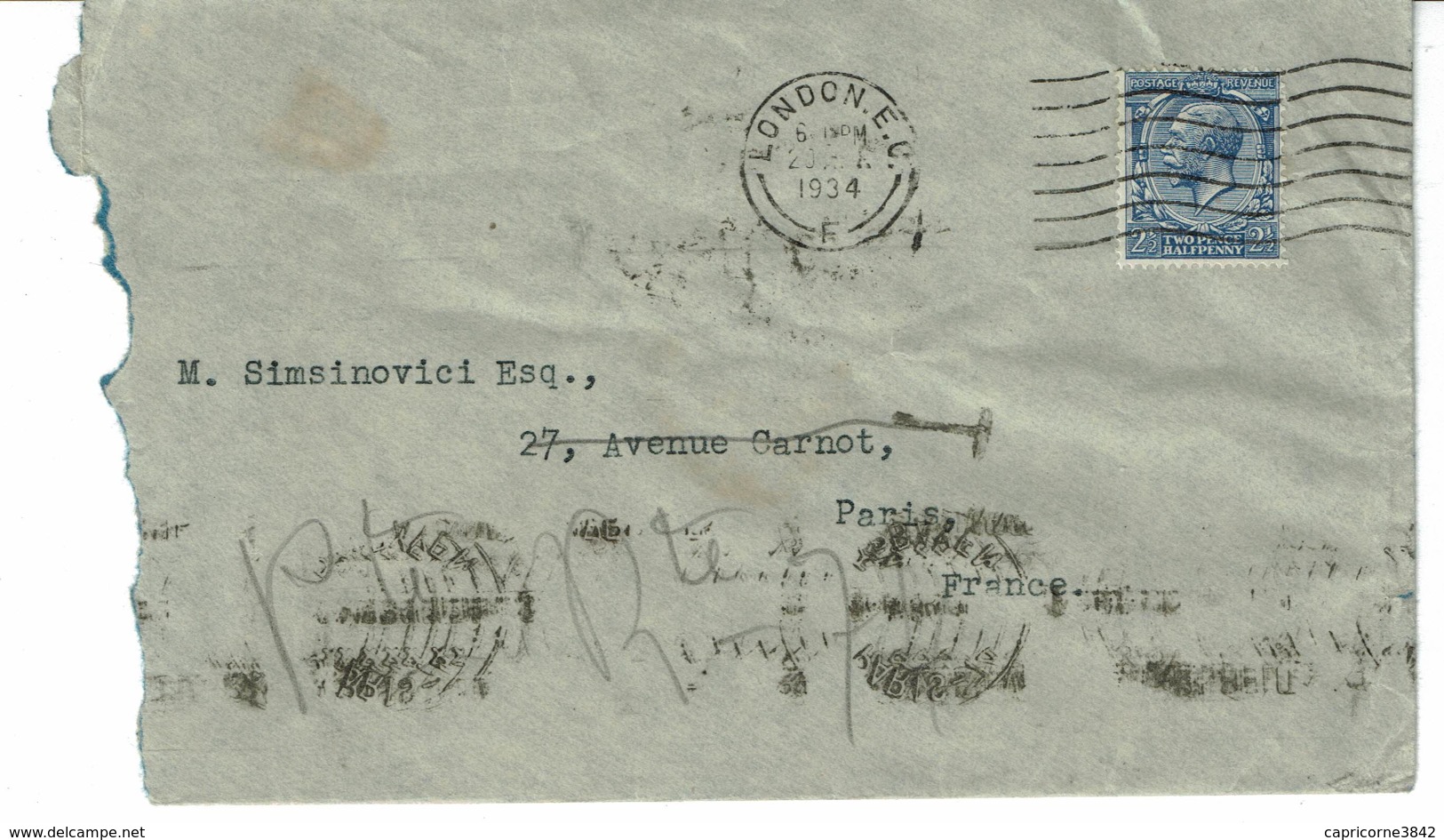 1934 - Londres Pour Paris - Tp Georges V N° 143 - Taxée - Verso Obl "SAUVEZ LES ELITES AIDEZ LA CITE UNIVERSITAIRE" - Postmark Collection