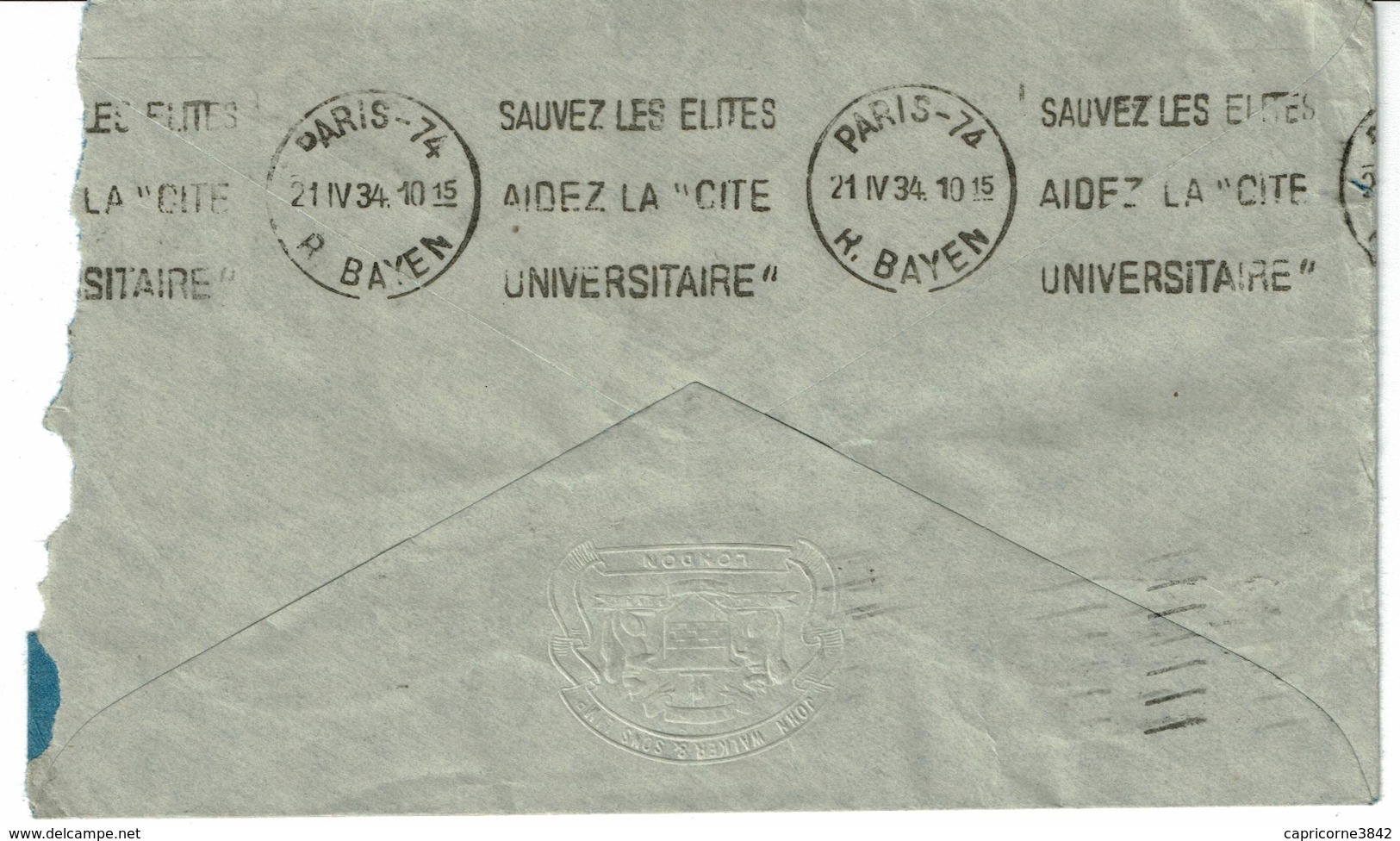1934 - Londres Pour Paris - Tp Georges V N° 143 - Taxée - Verso Obl "SAUVEZ LES ELITES AIDEZ LA CITE UNIVERSITAIRE" - Storia Postale
