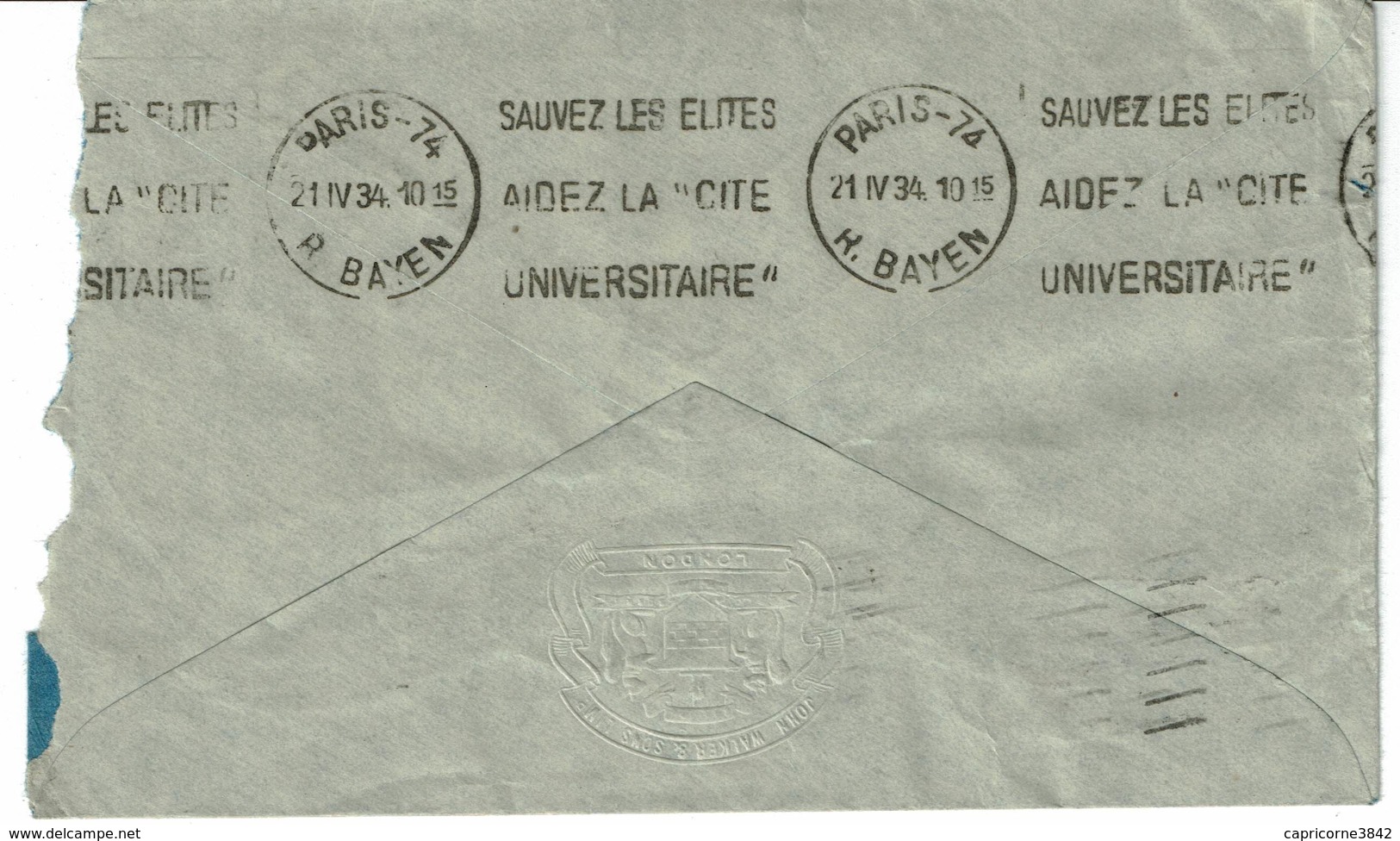 1934 - Londres Pour Paris - Tp Georges V N° 143 - Taxée - Verso Obl "SAUVEZ LES ELITES AIDEZ LA CITE UNIVERSITAIRE" - Poststempel