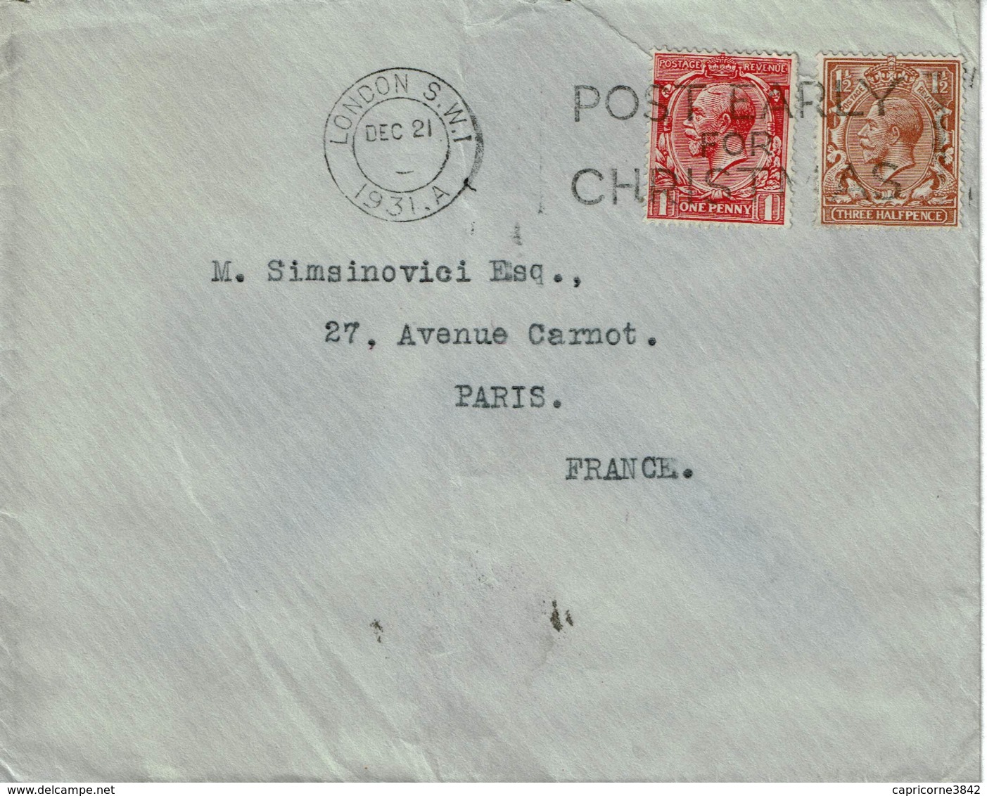 1931 - Lettre De Londres Pour Paris - Courrier Pour Noel - Pas D'heure De Dépose - Tp 140 Et 141 - Marcofilie