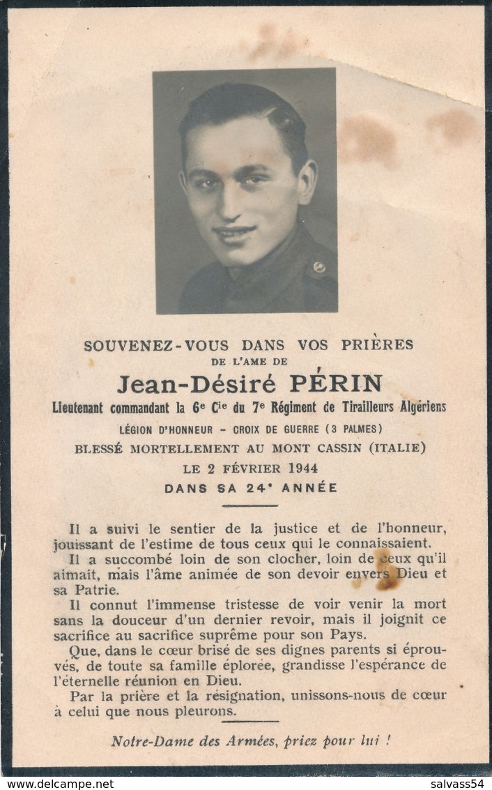 Image Mortuaire - Jean-Désiré Périn - Lieutenant Commandant La 6Cie Du 7 Rgt De Tirailleurs Algérien (dcd 1944) - 1939-45