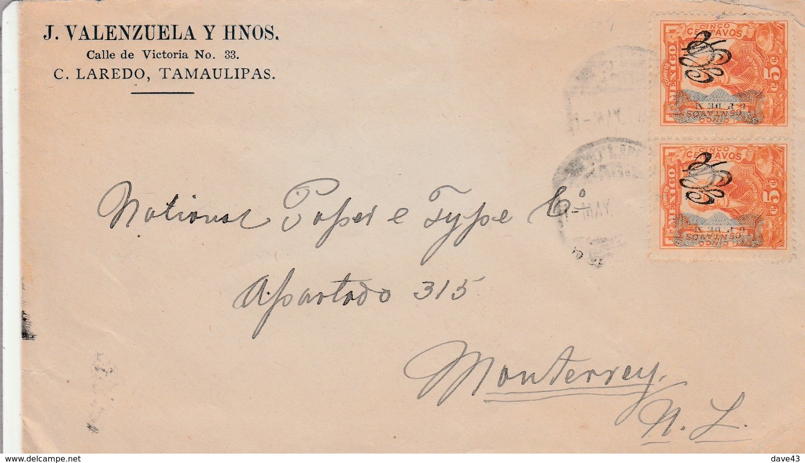 1916 Cover To Monterrey 2x 5c  Hidalgo Scott 544? With Carrenza + Corbata Overprints - Mexico