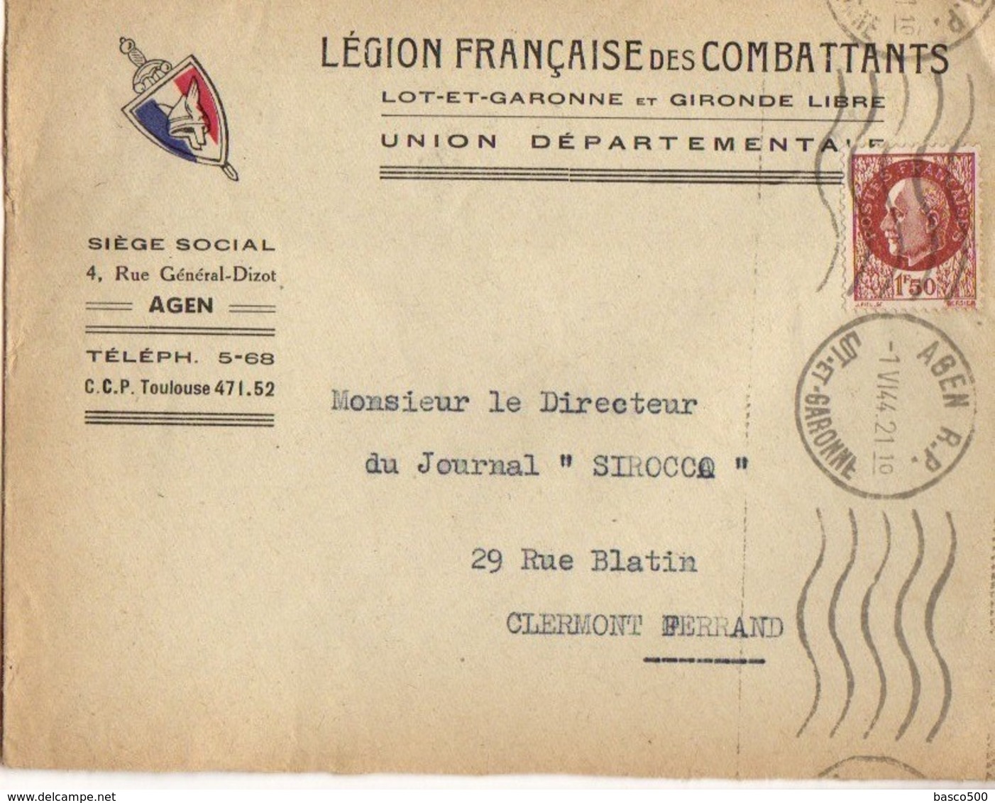 1944 - LSC Avec Entête LEGION FRANCAISE Des COMBATTANTS - UNION DEPARTEMENTALE AGEN - WW II