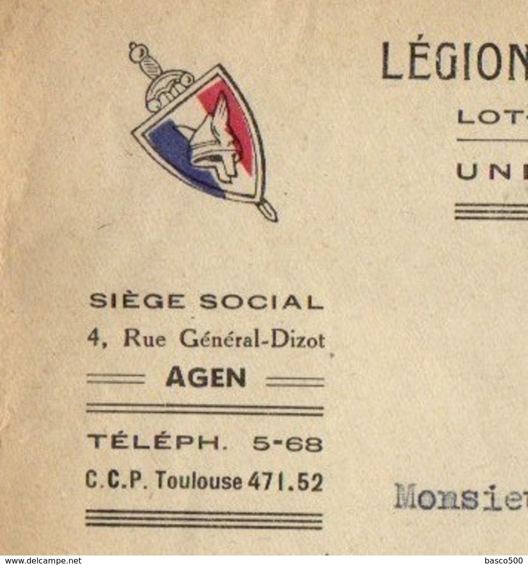 1944 - LSC Avec Entête LEGION FRANCAISE Des COMBATTANTS - UNION DEPARTEMENTALE AGEN - WW II