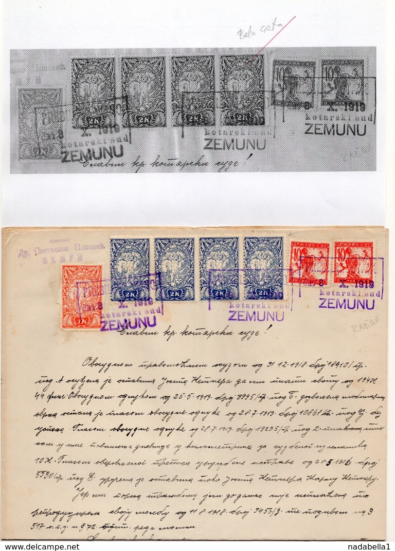 1919 VERIGARI, YUGOSLAVIA, ZEMUN, CHAIN BREAKERS, ERROR ON 2 KRUNA STAMP, 1 KR, 2X10 KR, POSTAL STAMP USED AS REVENUE, - Covers & Documents
