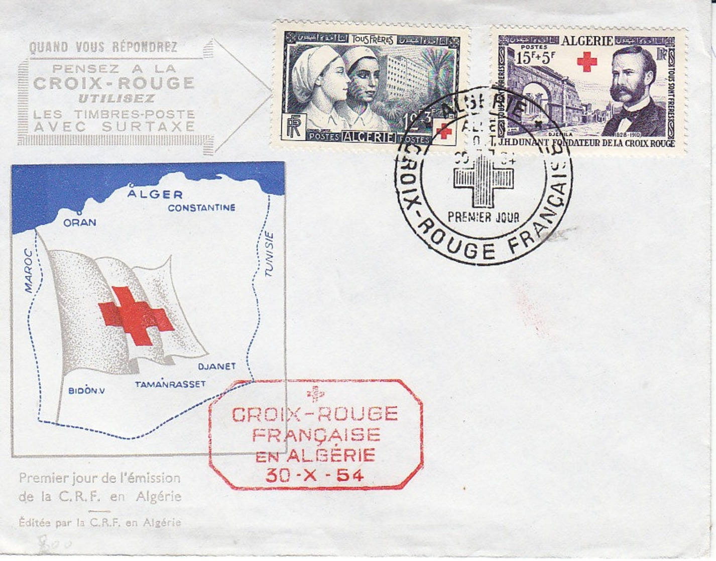 Algérie , FDC Des Timbres Croix Rouge N° 316 Et 317 De 1954 - Cartas & Documentos