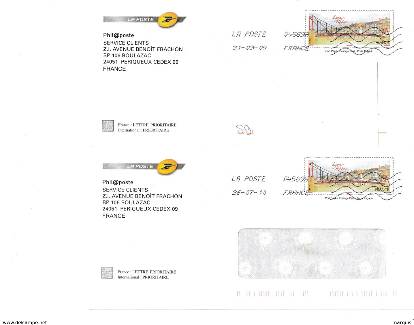 Les 2 Env. Phil@poste Avec Et Sans Fenêtre - Lyon - Lots N° B2J/08A644 Et 645 - Official Stationery