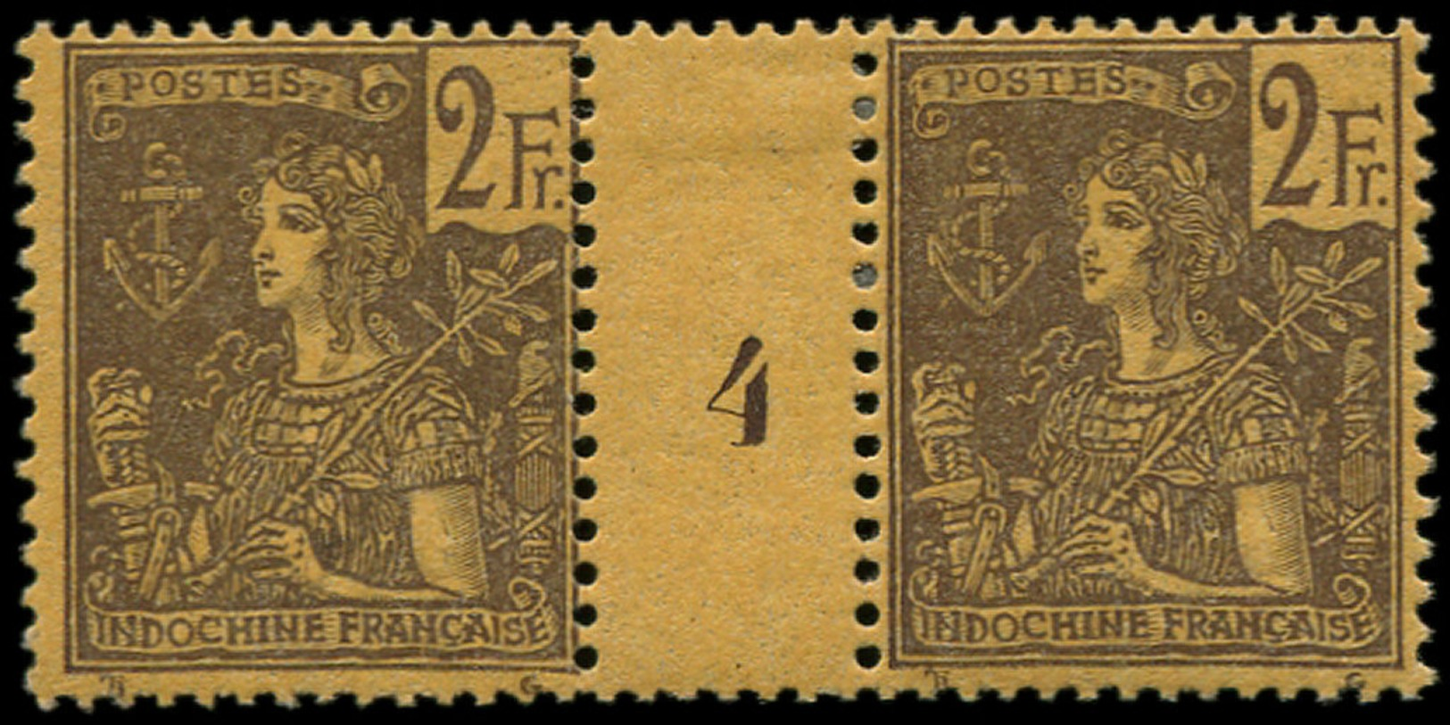 INDOCHINE Poste * - 38, Paire Millésime "4": 2f. Violet S. Jaune (Maury) - Cote: 410 - Unused Stamps