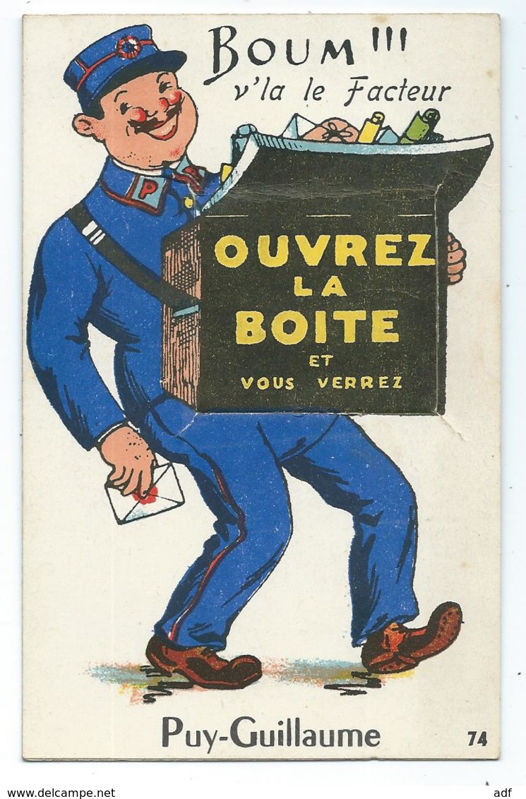 JOLIE CPA MULTIVUES CARTE A SYSTEME PUY - GUILLAUME, " BOUM V'LA LE FACTEUR, OUVREZ LA BOITE ET VOUS VERREZ ", 63 - Autres & Non Classés