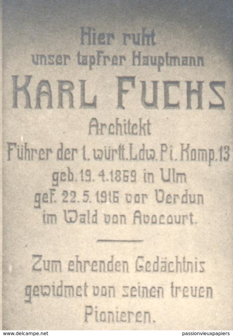 CARTE PHOTO  ALLEMANDE TOMBE Du CAPITAINE KARL FUCHS MORT En 1916  Au BOIS D'AVOCOURT (CIMETIERE FRIEDHOF) - Autres & Non Classés