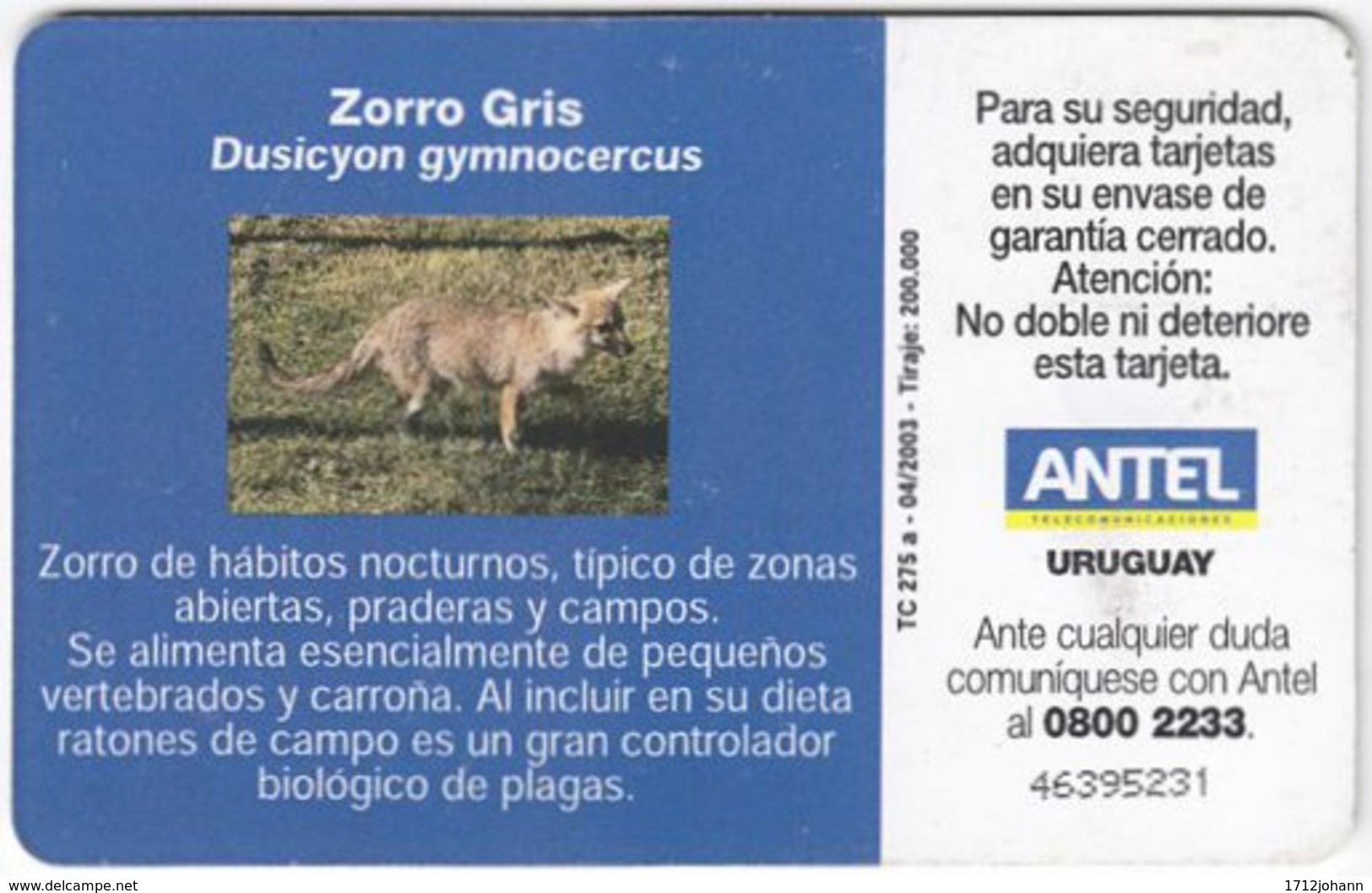 URUGUAY A-407 Chip Antel - Animal, Fox - Used - Uruguay