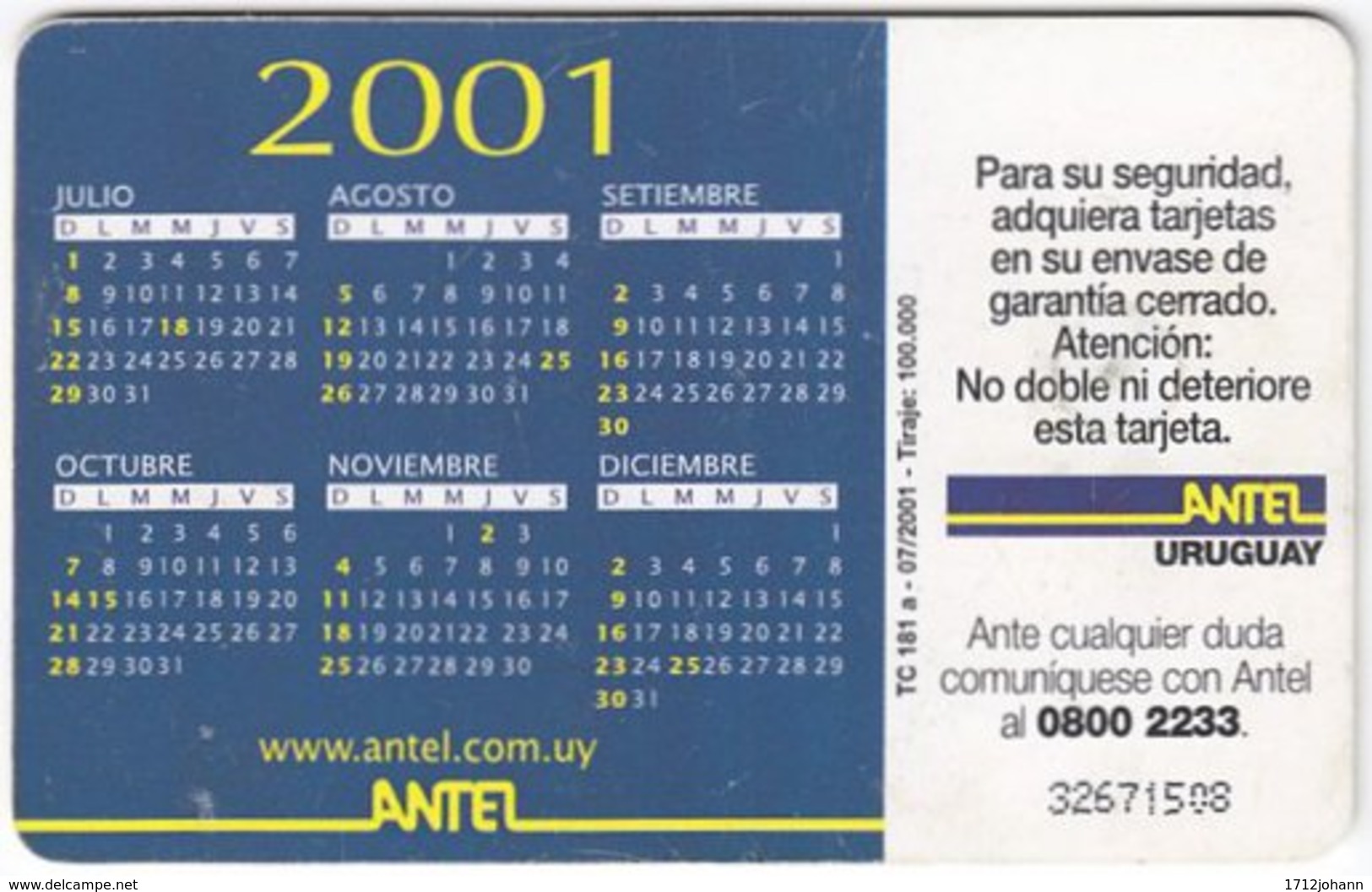 URUGUAY A-433 Chip Antel - People, Youth - Used - Uruguay