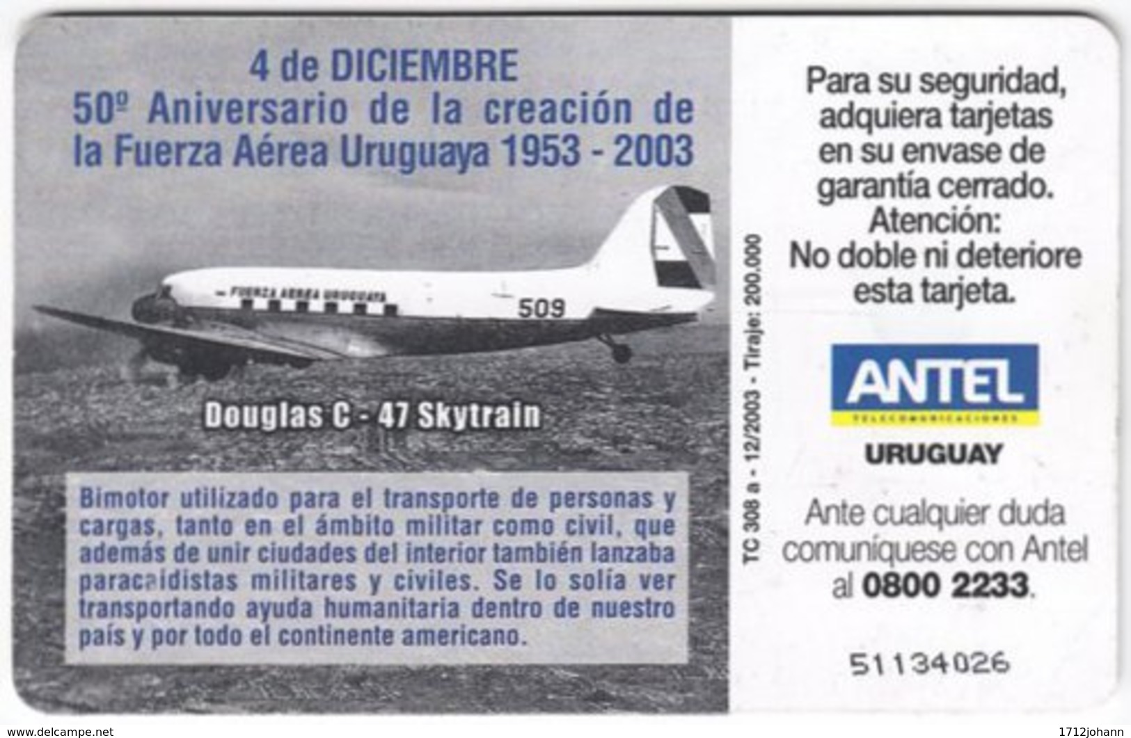 URUGUAY A-461 Chip Antel - Painting, Traffic, Airplane - Used - Uruguay