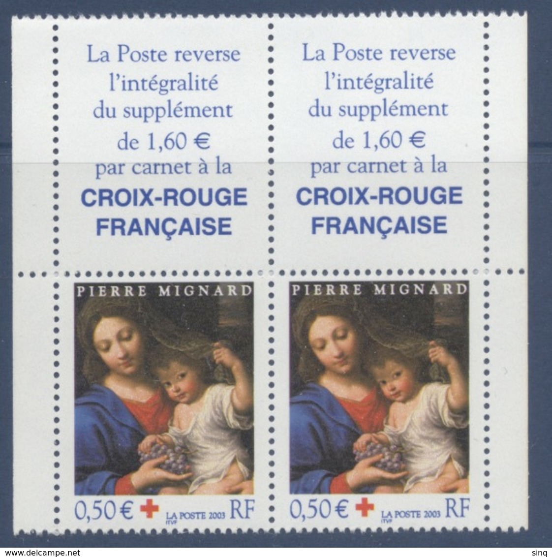 N° 3620  Croix-Rouge 2003, Faciale 0,50 € X2 + Vignette - Ongebruikt