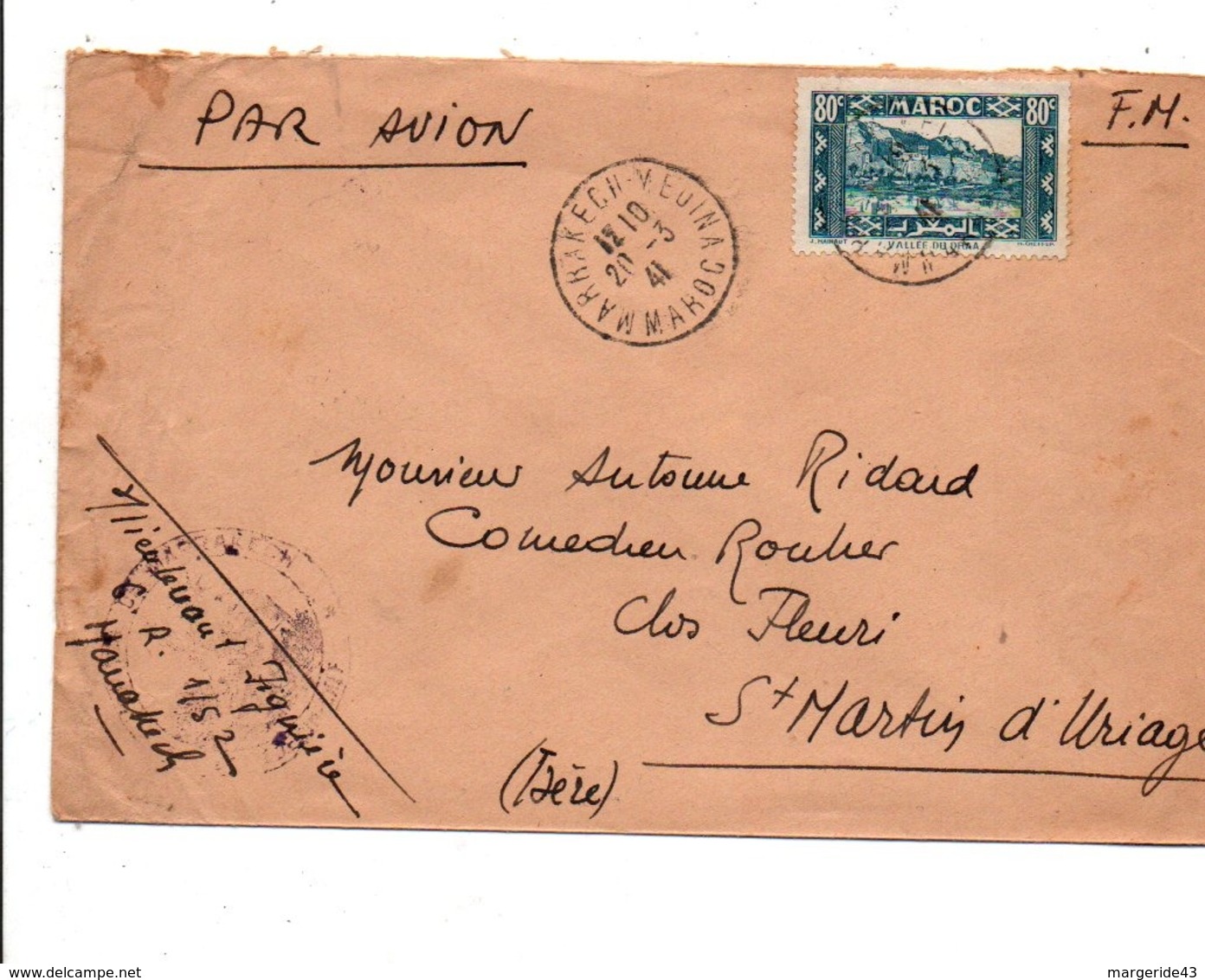 MAROC LETTRE DE MARRAKECH MEDINA POUR LA FRANCE 1941 - Lettres & Documents