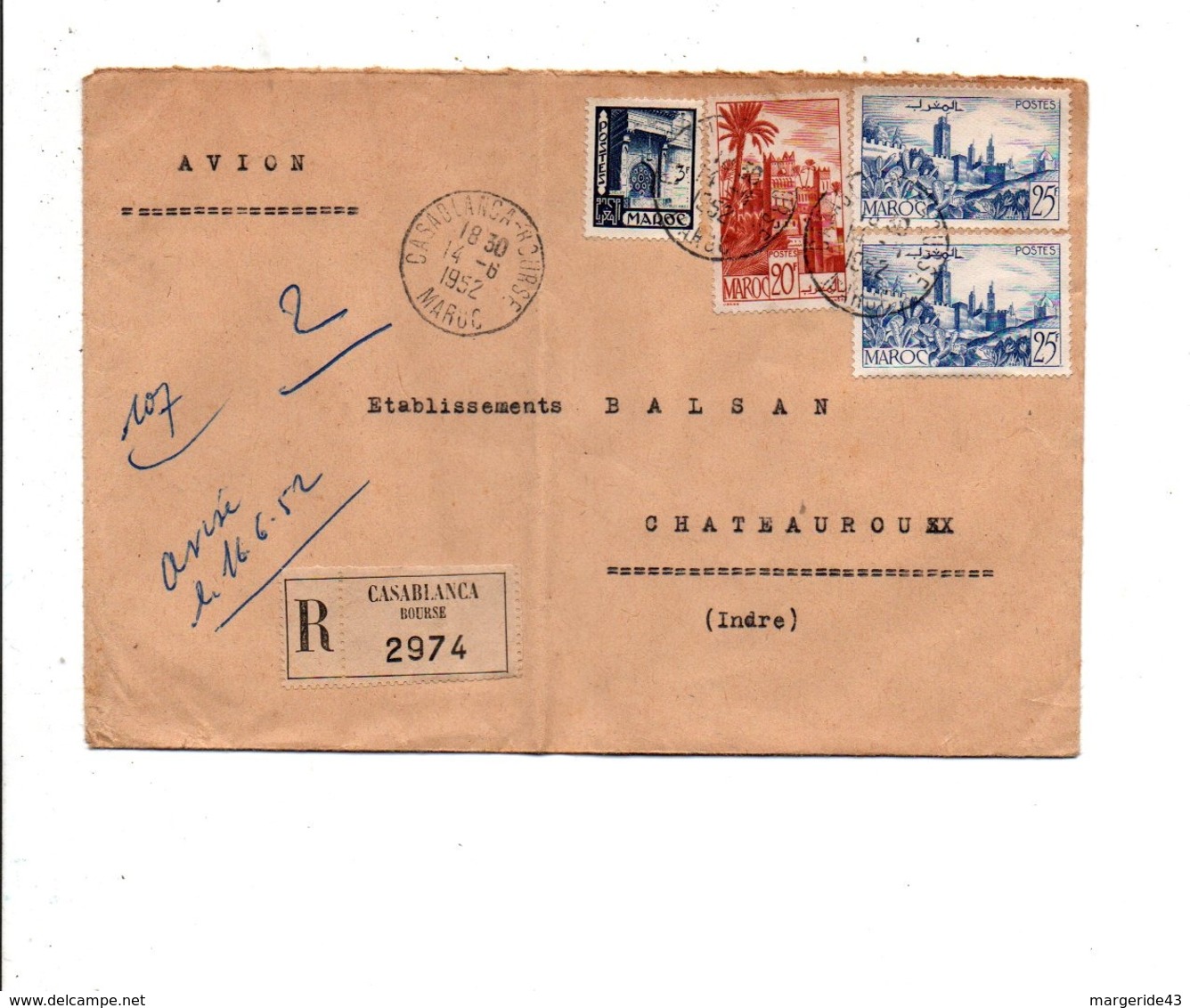 MAROC AFFRANCHISSEMENT COMPOSE SUR LETTRE AVION RECOMMANDEE DE CASABLANCA BOURSE POUR LA FRANCE 1952 - Lettres & Documents