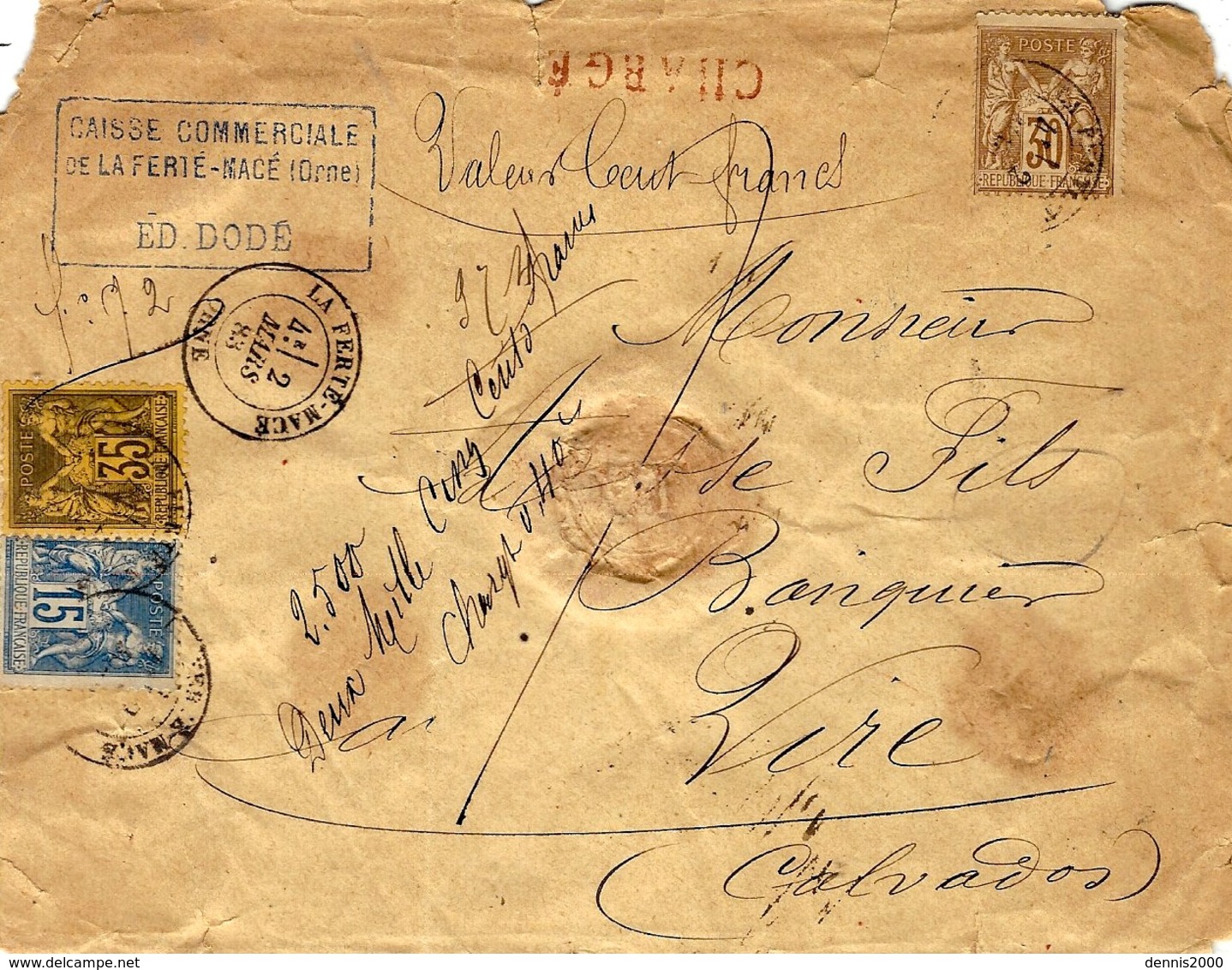 1883- Enveloppe CHARGE V D 100 F. + " 2500 Deux Mille Cinq Cents / Charge 0,40 " Manuscrit - Affr. 80 C Dont N°93 - 1877-1920: Periodo Semi Moderno