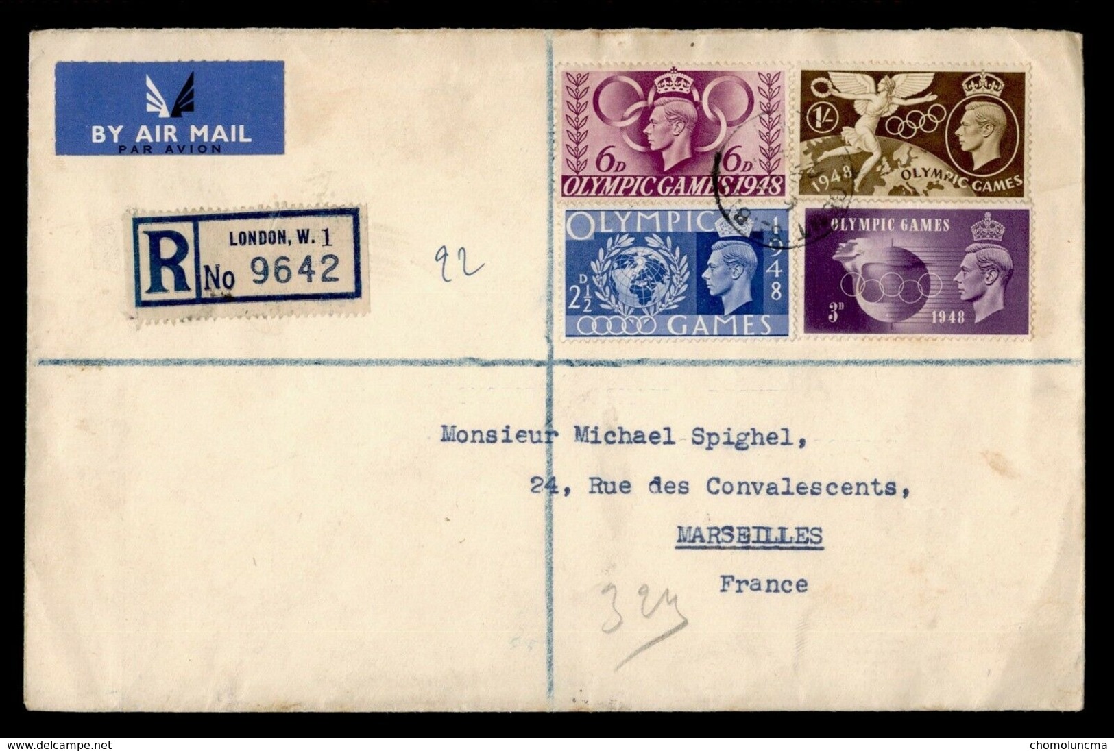 1948 London Olympic Games Complete Set On Registered Londres To Marseilles Cancelled Of Opening Day 29 July Ouverture JO - Summer 1948: London