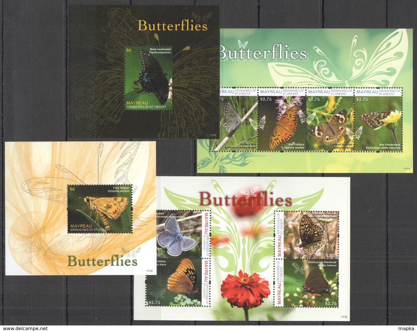 X1107 2011 MAYREAU FAUNA BUTTERFLIES #143-50 MICHEL 28 EURO 2KB+2BL MNH - Papillons