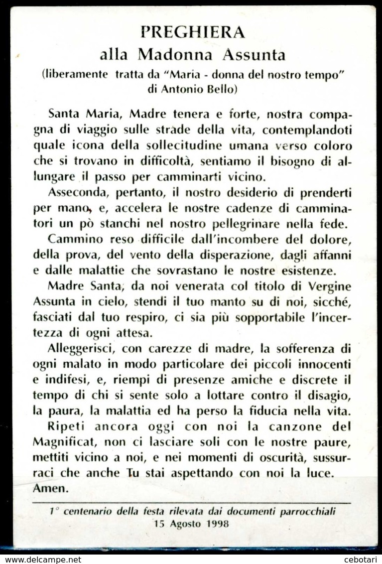 SANTINO - S. Maria Assunta In Cielo -  Santino Con Preghiera Come Da Scansione. - Devotieprenten