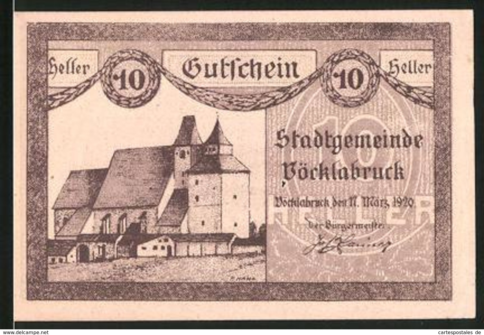 Notgeld Vöcklabruck 1920, 10 Heller, Kirche, Ortsansicht - Oesterreich