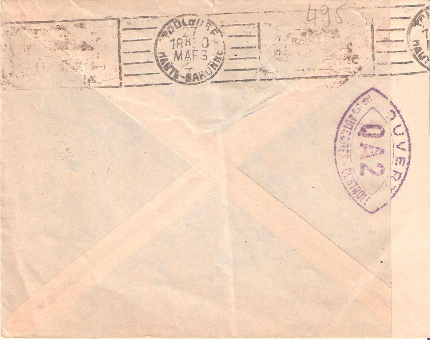 Lettre De NICE Pour TOULOUSE Avec Cachet OUVERT PAR LES AUTORITES DE CONTROLE QA2 De TOULOUSE - 1921-1960: Période Moderne