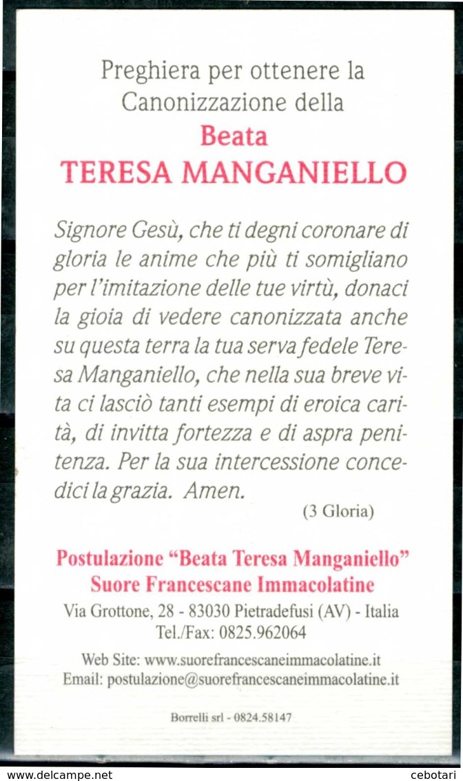 SANTINO - Teresa Manganiello Beata -  Santino Con Preghiera Come Da Scansione. - Santini