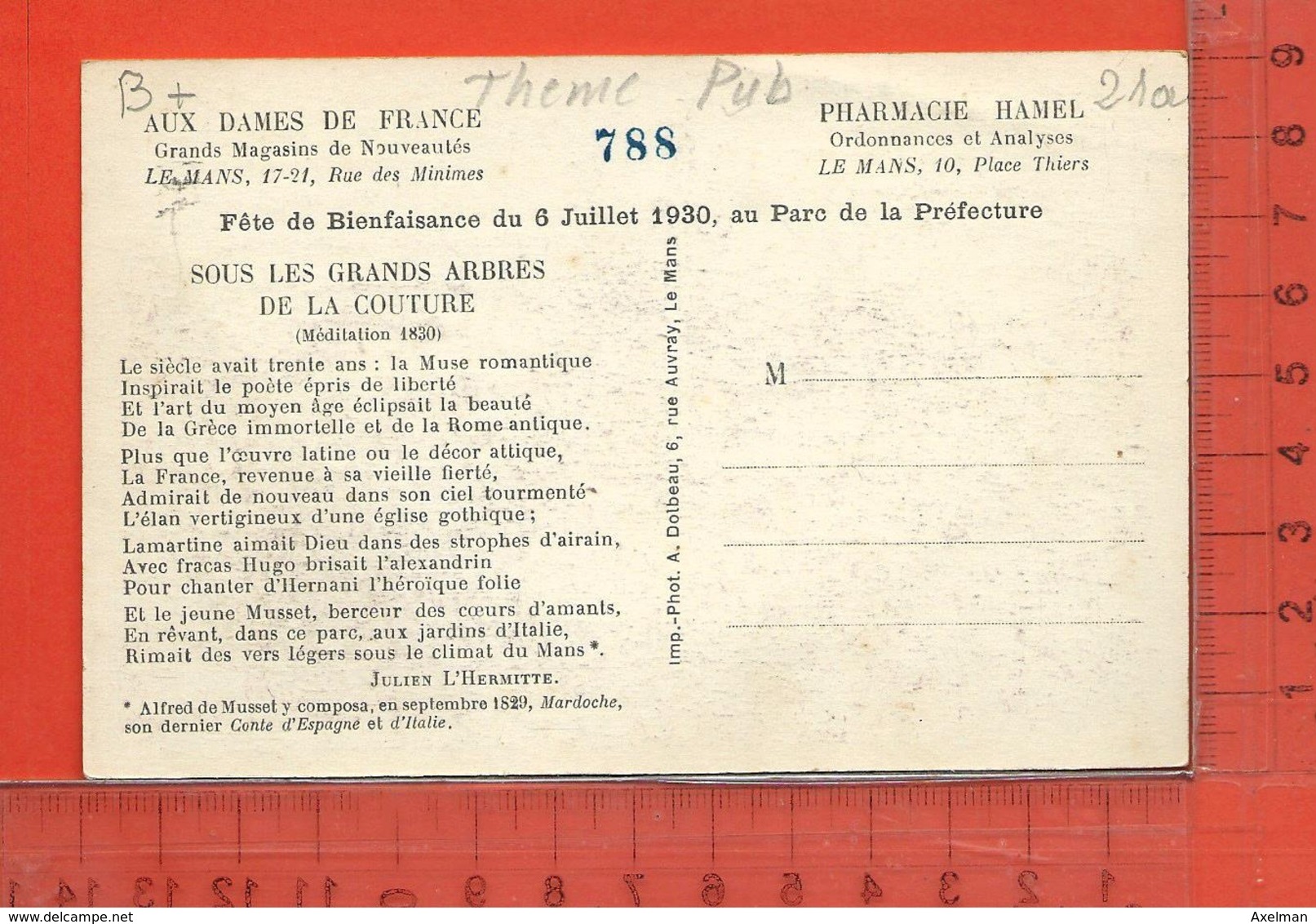 PUBLICITE : Le Mans , " Aux Dames De France " " Pharmacie Hamel " , Carte D'entrée Fête De Bienfaisance 1930 - Publicité